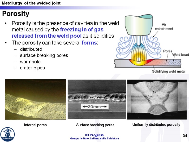 34 Porosity Porosity is the presence of cavities in the weld metal caused by